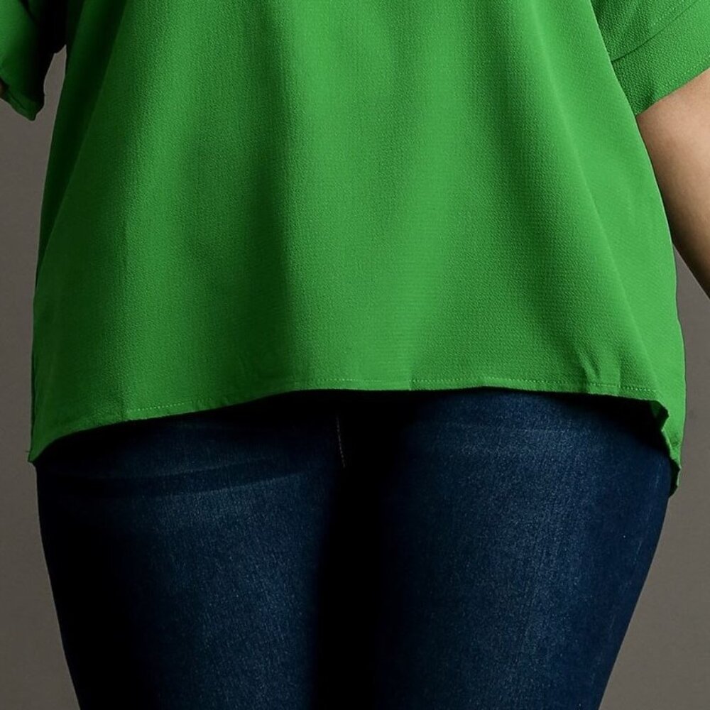 Layered Ruffle Sleeve Top / Blouse - Boxy Cut - Wide Round Neck - Grass Green - Picture 5 of 10